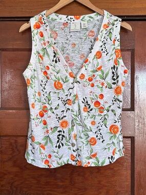 Joie Orange Fruit Linen Blend V-Neck Sleeveless Button Down Tank Top Sz Medium